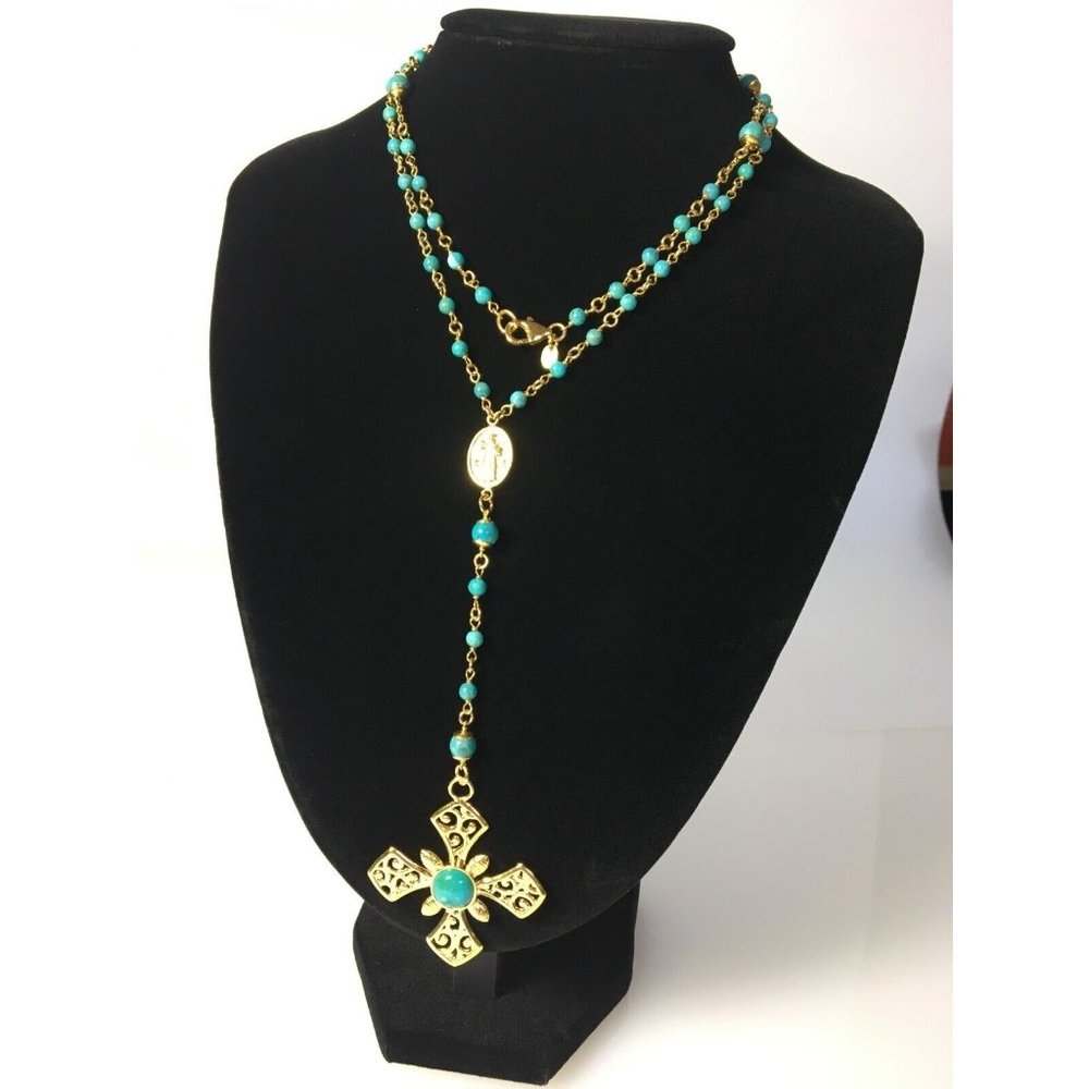 Rosary Beads Cross Necklace Gold Plated Turquoise Made in Italy